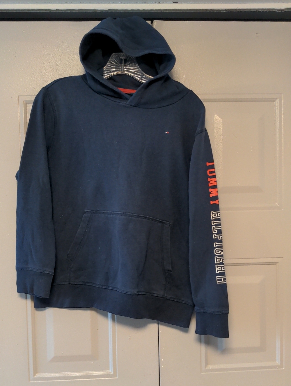 Tommy Hilfiger Navy Hoodie with Red Sleeve Logo LARGE(16-18)